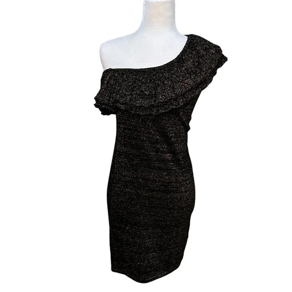 TRINA TURK Black/Gold Metallic Threading Knit One Shoulder Ruffle Dress - Small - Picture 1 of 8